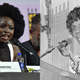 Danai Gurira, left, participates in “The Walking Dead” panel at the Comic-Con International on Friday, July 19, 2019; In this May 16, 1972, file photo, Rep. Shirley Chisholm, D-NY, talks during a speech in San Francisco while campaigning for the U.S. Presidency.
